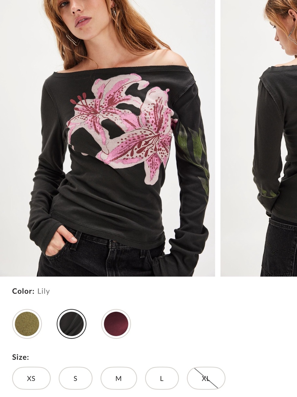 Women's Black Off-Shoulder Long Sleeve Top with Pink Lily Print